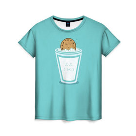 Женская футболка 3D с принтом Молоко и печенюшка в Белгороде, 100% полиэфир ( синтетическое хлопкоподобное полотно) | прямой крой, круглый вырез горловины, длина до линии бедер | Тематика изображения на принте: еда | завтрак | здоровье | молоко | печенье | шоколад