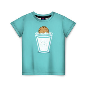 Детская футболка 3D с принтом Молоко и печенюшка в Белгороде, 100% гипоаллергенный полиэфир | прямой крой, круглый вырез горловины, длина до линии бедер, чуть спущенное плечо, ткань немного тянется | Тематика изображения на принте: еда | завтрак | здоровье | молоко | печенье | шоколад