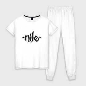 Женская пижама хлопок с принтом Nile death metal логотип в Белгороде, 100% хлопок | брюки и футболка прямого кроя, без карманов, на брюках мягкая резинка на поясе и по низу штанин | death | logo | metal | nile | лототип | метал | музыка | шрифт | эмблема
