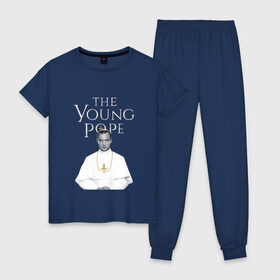 Женская пижама хлопок с принтом Молодой Папа The Young Pope в Белгороде, 100% хлопок | брюки и футболка прямого кроя, без карманов, на брюках мягкая резинка на поясе и по низу штанин | the young pope | джуд лоу | молодой папа