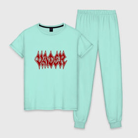 Женская пижама хлопок с принтом Vader death metal логотип в Белгороде, 100% хлопок | брюки и футболка прямого кроя, без карманов, на брюках мягкая резинка на поясе и по низу штанин | 