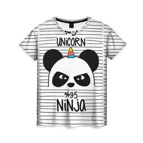 Женская футболка 3D с принтом 5% Единорог 95% Ниндзя в Белгороде, 100% полиэфир ( синтетическое хлопкоподобное полотно) | прямой крой, круглый вырез горловины, длина до линии бедер | animals | ninja | panda | rainbow | stripes | единорог | животные | зверь | линии | ниндзя | панда | полосы | радуга | самурай