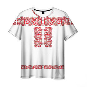 Мужская футболка 3D с принтом Вышиванка в Белгороде, 100% полиэфир | прямой крой, круглый вырез горловины, длина до линии бедер | белорусская | вышиванка | древнерусская | к празднику | косоворотка | красные | масленица | национальная одежда | патриотическая | рубаха | русская | узоры | украинская