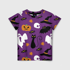 Детская футболка 3D с принтом Веселый Хэллоуин в Белгороде, 100% гипоаллергенный полиэфир | прямой крой, круглый вырез горловины, длина до линии бедер, чуть спущенное плечо, ткань немного тянется | кошка | паук | праздник | привидения | тыква | череп | черный