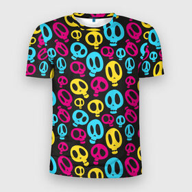 Мужская футболка 3D спортивная с принтом Веселый Хэллоуин в Белгороде, 100% полиэстер с улучшенными характеристиками | приталенный силуэт, круглая горловина, широкие плечи, сужается к линии бедра | Тематика изображения на принте: желтый | розовый | синий | череп