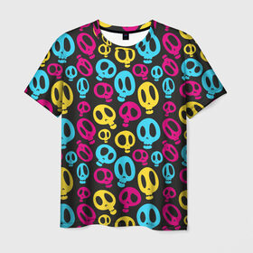 Мужская футболка 3D с принтом Веселый Хэллоуин в Белгороде, 100% полиэфир | прямой крой, круглый вырез горловины, длина до линии бедер | Тематика изображения на принте: желтый | розовый | синий | череп