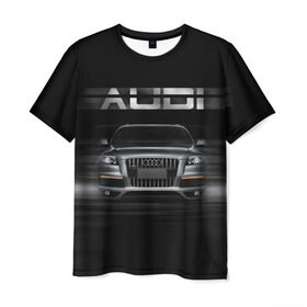 Мужская футболка 3D с принтом Audi Q7 скорость в Белгороде, 100% полиэфир | прямой крой, круглый вырез горловины, длина до линии бедер | audi | авто | автомобиль | ауди | кольца | красивая | кроссовер | крутая | марка | машина | надпись | немецкая иномарка | прикольная | тачка | черная | эмблема