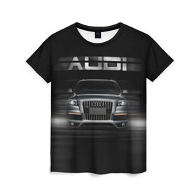 Женская футболка 3D с принтом Audi Q7 скорость в Белгороде, 100% полиэфир ( синтетическое хлопкоподобное полотно) | прямой крой, круглый вырез горловины, длина до линии бедер | audi | авто | автомобиль | ауди | кольца | красивая | кроссовер | крутая | марка | машина | надпись | немецкая иномарка | прикольная | тачка | черная | эмблема