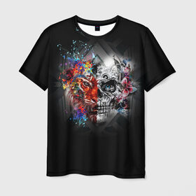 Мужская футболка 3D с принтом Art skull в Белгороде, 100% полиэфир | прямой крой, круглый вырез горловины, длина до линии бедер | art | half | lion | skull | живопись | искусство | краски | лев | половина | череп