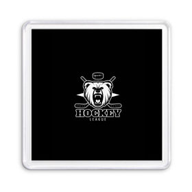 Магнит 55*55 с принтом Bear hockey в Белгороде, Пластик | Размер: 65*65 мм; Размер печати: 55*55 мм | bandy | hockey | клюшка | коньки | лед | спорт | хоккей