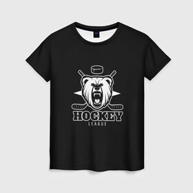 Женская футболка 3D с принтом Bear hockey в Белгороде, 100% полиэфир ( синтетическое хлопкоподобное полотно) | прямой крой, круглый вырез горловины, длина до линии бедер | bandy | hockey | клюшка | коньки | лед | спорт | хоккей