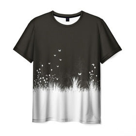 Мужская футболка 3D с принтом Ночная полянка в Белгороде, 100% полиэфир | прямой крой, круглый вырез горловины, длина до линии бедер | Тематика изображения на принте: бабочки | белый | кусты | ночь | цветы | чб | черно белое | черный