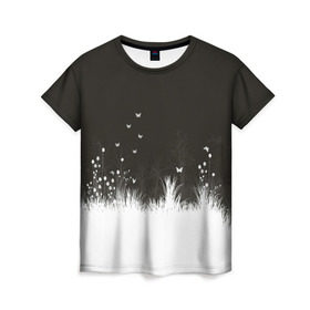 Женская футболка 3D с принтом Ночная полянка в Белгороде, 100% полиэфир ( синтетическое хлопкоподобное полотно) | прямой крой, круглый вырез горловины, длина до линии бедер | бабочки | белый | кусты | ночь | цветы | чб | черно белое | черный