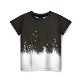 Детская футболка 3D с принтом Ночная полянка в Белгороде, 100% гипоаллергенный полиэфир | прямой крой, круглый вырез горловины, длина до линии бедер, чуть спущенное плечо, ткань немного тянется | бабочки | белый | кусты | ночь | цветы | чб | черно белое | черный