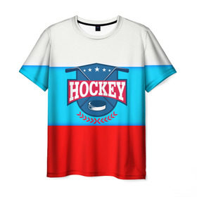 Мужская футболка 3D с принтом Hockey Russia в Белгороде, 100% полиэфир | прямой крой, круглый вырез горловины, длина до линии бедер | Тематика изображения на принте: bandy | hockey | клюшка | коньки | лед | россия | русский хоккей | спорт | хоккей