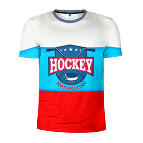 Мужская футболка 3D спортивная с принтом Hockey Russia в Белгороде, 100% полиэстер с улучшенными характеристиками | приталенный силуэт, круглая горловина, широкие плечи, сужается к линии бедра | Тематика изображения на принте: bandy | hockey | клюшка | коньки | лед | россия | русский хоккей | спорт | хоккей