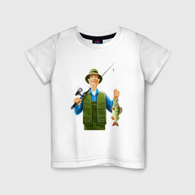 Детская футболка хлопок с принтом Папа-рыбак в Белгороде, 100% хлопок | круглый вырез горловины, полуприлегающий силуэт, длина до линии бедер | Тематика изображения на принте: 
