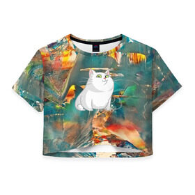 Женская футболка 3D укороченная с принтом Белый котик в Белгороде, 100% полиэстер | круглая горловина, длина футболки до линии талии, рукава с отворотами | cat | арт | взгляд | кот | кот хипстер | котёнок | котятки | котятушки | кошечки | кошка | мордочка