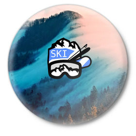 Значок с принтом SKI в Белгороде,  металл | круглая форма, металлическая застежка в виде булавки | ski patrol | sport | возвышение | возвышенность | гора | горка | национальный парк | облака | склон | снег | спорт | холм