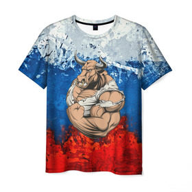 Мужская футболка 3D с принтом Буйвол в Белгороде, 100% полиэфир | прямой крой, круглый вырез горловины, длина до линии бедер | abstraction | grunge | абстракция | буйвол | бык | краска | русский | триколор | я русский