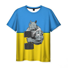 Мужская футболка 3D с принтом Спортивный носорог в Белгороде, 100% полиэфир | прямой крой, круглый вырез горловины, длина до линии бедер | abstraction | grunge | абстракция | два цвета | краска | носорог | украинец | я украинец