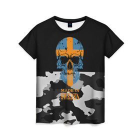 Женская футболка 3D с принтом Made in Sweden в Белгороде, 100% полиэфир ( синтетическое хлопкоподобное полотно) | прямой крой, круглый вырез горловины, длина до линии бедер | camouflage | made in sweden | skull | абстракция | города | камуфляж | нация | страны | текстуры | череп | швеция