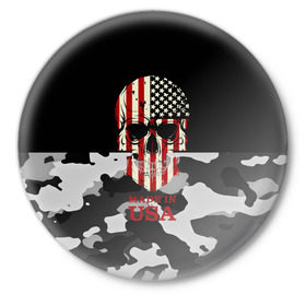 Значок с принтом Made in USA в Белгороде,  металл | круглая форма, металлическая застежка в виде булавки | camouflage | made in usa | skull | абстракция | америка | города | камуфляж | нация | страны | текстуры | череп