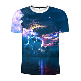 Мужская футболка 3D спортивная с принтом Извержение вулкана в Белгороде, 100% полиэстер с улучшенными характеристиками | приталенный силуэт, круглая горловина, широкие плечи, сужается к линии бедра | вода | вулкан | выброс | горы | гроза | дым | лава | молнии | море | облака | океан | остров | пепел | разряд | стихия