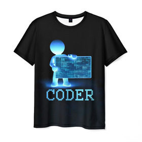 Мужская футболка 3D с принтом Coder - программист кодировщик в Белгороде, 100% полиэфир | прямой крой, круглый вырез горловины, длина до линии бедер | Тематика изображения на принте: it | programmer | голова | загрузка | код | надпись | неоновый | ноги | программный | руки | светящийся | страница | технологии | хакер | человек | человечек | шифровальщик | экран