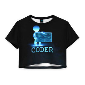 Женская футболка 3D укороченная с принтом Coder - программист кодировщик в Белгороде, 100% полиэстер | круглая горловина, длина футболки до линии талии, рукава с отворотами | it | programmer | голова | загрузка | код | надпись | неоновый | ноги | программный | руки | светящийся | страница | технологии | хакер | человек | человечек | шифровальщик | экран