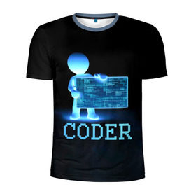 Мужская футболка 3D спортивная с принтом Coder - программист кодировщик в Белгороде, 100% полиэстер с улучшенными характеристиками | приталенный силуэт, круглая горловина, широкие плечи, сужается к линии бедра | it | programmer | голова | загрузка | код | надпись | неоновый | ноги | программный | руки | светящийся | страница | технологии | хакер | человек | человечек | шифровальщик | экран