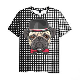 Мужская футболка 3D с принтом Mr. Pug в Белгороде, 100% полиэфир | прямой крой, круглый вырез горловины, длина до линии бедер | Тематика изображения на принте: animal | dog | pet | pug | puppy | арт | горошек | джентльмен | животные | кружочки | мопс | мопсик | пес | собаки | текстура | французский бульдог
