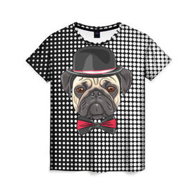 Женская футболка 3D с принтом Mr. Pug в Белгороде, 100% полиэфир ( синтетическое хлопкоподобное полотно) | прямой крой, круглый вырез горловины, длина до линии бедер | animal | dog | pet | pug | puppy | арт | горошек | джентльмен | животные | кружочки | мопс | мопсик | пес | собаки | текстура | французский бульдог