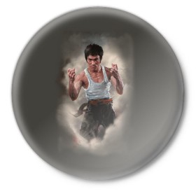 Значок с принтом Брюс Ли в Белгороде,  металл | круглая форма, металлическая застежка в виде булавки | актер | блюс | боец | каратэ | кунг фу | ли | спорт