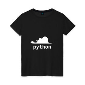 Женская футболка хлопок с принтом Питон - язык программирования в Белгороде, 100% хлопок | прямой крой, круглый вырез горловины, длина до линии бедер, слегка спущенное плечо | Тематика изображения на принте: php | python | питон | программирование | слон