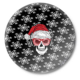 Значок с принтом Santa Skull хипстер в Белгороде,  металл | круглая форма, металлическая застежка в виде булавки | дед мороз | новогодний | паттерн | санта | снег | снежинки