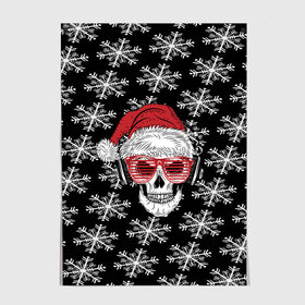 Постер с принтом Santa Skull хипстер в Белгороде, 100% бумага
 | бумага, плотность 150 мг. Матовая, но за счет высокого коэффициента гладкости имеет небольшой блеск и дает на свету блики, но в отличии от глянцевой бумаги не покрыта лаком | Тематика изображения на принте: дед мороз | новогодний | паттерн | санта | снег | снежинки