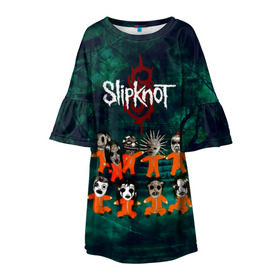Детское платье 3D с принтом Группа Slipknot в Белгороде, 100% полиэстер | прямой силуэт, чуть расширенный к низу. Круглая горловина, на рукавах — воланы | slipknot | альтернативный метал | грув метал | комбинезон | маска | метал | мрачный | ню метал | рок