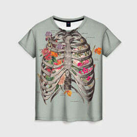 Женская футболка 3D с принтом Грудная клетка в Белгороде, 100% полиэфир ( синтетическое хлопкоподобное полотно) | прямой крой, круглый вырез горловины, длина до линии бедер | Тематика изображения на принте: halloween | skeleton | грудная клетка | кости | ребра | скелет | хэллоуин