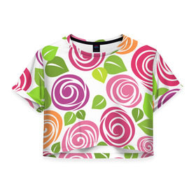 Женская футболка 3D укороченная с принтом Розы Минимализм в Белгороде, 100% полиэстер | круглая горловина, длина футболки до линии талии, рукава с отворотами | flowers | розовый | розы | цветы