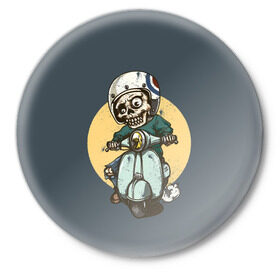 Значок с принтом Зомби в Белгороде,  металл | круглая форма, металлическая застежка в виде булавки | мотоцикл | скелет | череп | шлем