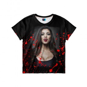 Детская футболка 3D с принтом Вампирша в Белгороде, 100% гипоаллергенный полиэфир | прямой крой, круглый вырез горловины, длина до линии бедер, чуть спущенное плечо, ткань немного тянется | вампир | ведьма | девушка | кровь | праздник | хэллоуин
