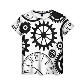 Женская футболка 3D с принтом Часы и шестеренки в Белгороде, 100% полиэфир ( синтетическое хлопкоподобное полотно) | прямой крой, круглый вырез горловины, длина до линии бедер | Тематика изображения на принте: pattern | узор | часы