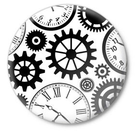 Значок с принтом Часы и шестеренки в Белгороде,  металл | круглая форма, металлическая застежка в виде булавки | Тематика изображения на принте: pattern | узор | часы