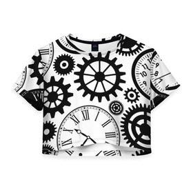 Женская футболка 3D укороченная с принтом Часы и шестеренки в Белгороде, 100% полиэстер | круглая горловина, длина футболки до линии талии, рукава с отворотами | pattern | узор | часы