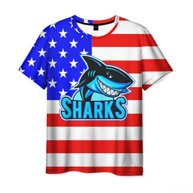 Мужская футболка 3D с принтом Sharks USA в Белгороде, 100% полиэфир | прямой крой, круглый вырез горловины, длина до линии бедер | sharks | usa | акула | америка | американец | символика америки | сша