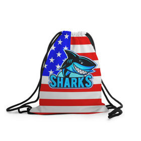 Рюкзак-мешок 3D с принтом Sharks USA в Белгороде, 100% полиэстер | плотность ткани — 200 г/м2, размер — 35 х 45 см; лямки — толстые шнурки, застежка на шнуровке, без карманов и подкладки | sharks | usa | акула | америка | американец | символика америки | сша