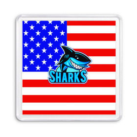 Магнит 55*55 с принтом Sharks USA в Белгороде, Пластик | Размер: 65*65 мм; Размер печати: 55*55 мм | sharks | usa | акула | америка | американец | символика америки | сша