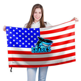 Флаг 3D с принтом Sharks USA в Белгороде, 100% полиэстер | плотность ткани — 95 г/м2, размер — 67 х 109 см. Принт наносится с одной стороны | sharks | usa | акула | америка | американец | символика америки | сша