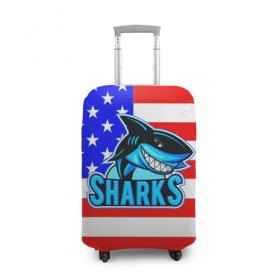 Чехол для чемодана 3D с принтом Sharks USA в Белгороде, 86% полиэфир, 14% спандекс | двустороннее нанесение принта, прорези для ручек и колес | sharks | usa | акула | америка | американец | символика америки | сша